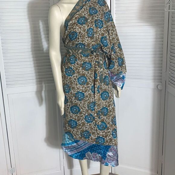 Earthbound 100% Silk Blue Floral Paisley Double Layered Sari Wrap Skirt Dress On - Picture 1 of 14